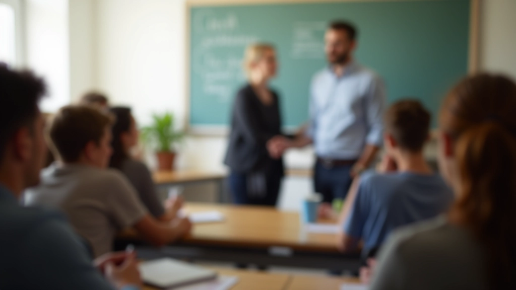 Skupina studentů sedí v učebně a mluví německy, učitel usmívajícího se stojí vedle tabule