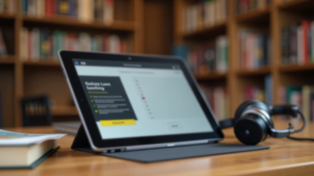 Sluchátka a tablet s německou aplikací na stole v knihovně