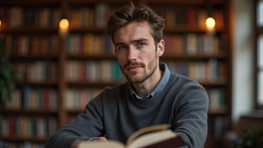 Muž v knihovně čte německé knihy a dělá si poznámky do sešitu