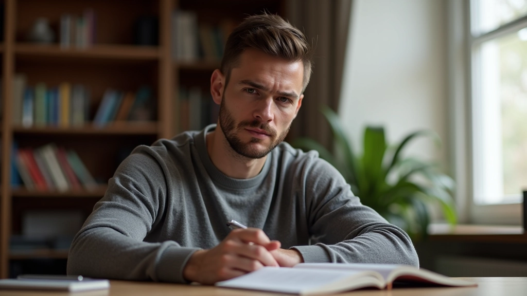 Muž se soustředí na čtení německé učebnice v tiché místnosti s přírodním osvětlením