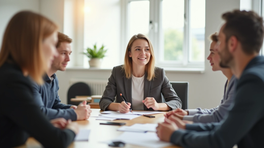 Moderní učebna s jazykovou výukou, interaktivní prostředí, studenti a učitel, příjemné osvětlení