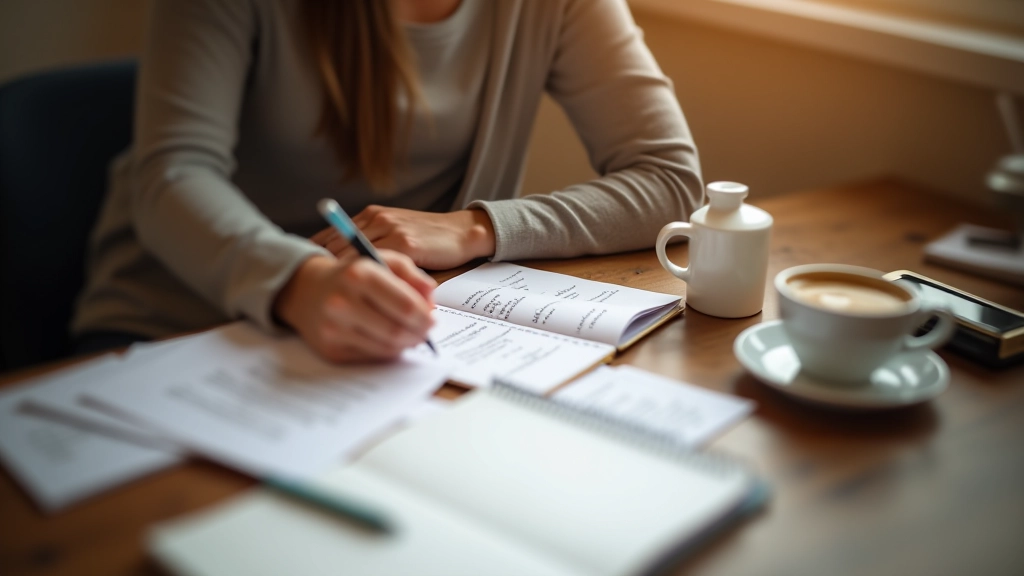 Osoba učí se německé věty s poznámkami a fonetickými značkami na stole s kávou