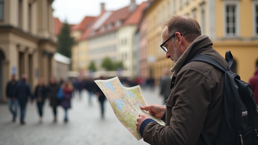 Turista čte mapu v centru historického evropského města, hledá cestu a orientuje se