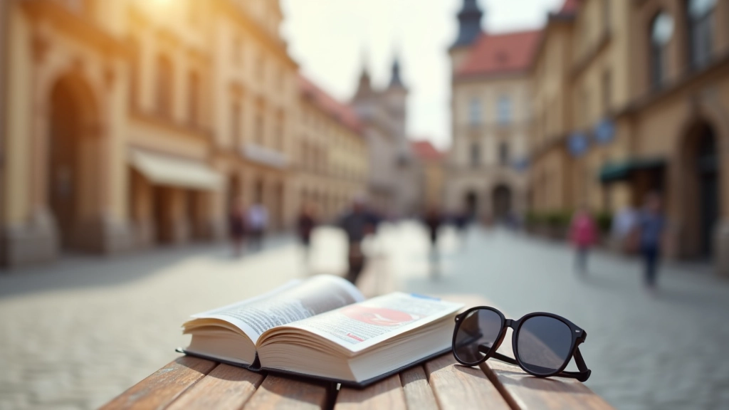 Sluneční brýle a průvodce cestovního ruchu na lavičce v německém městě