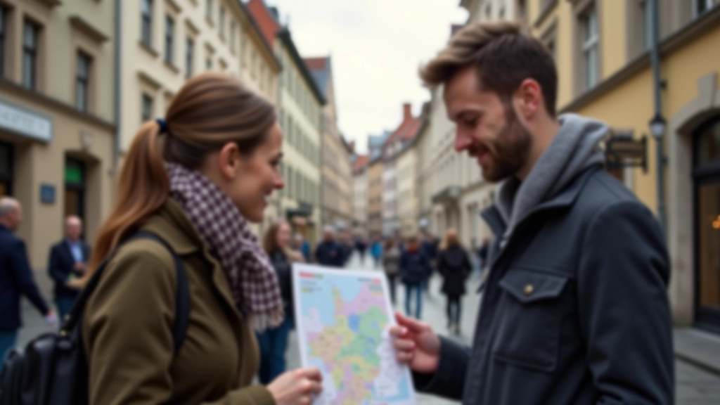 Dvě osoby si vzájemně radí s mapou na ulici německého města poblíž historické budovy