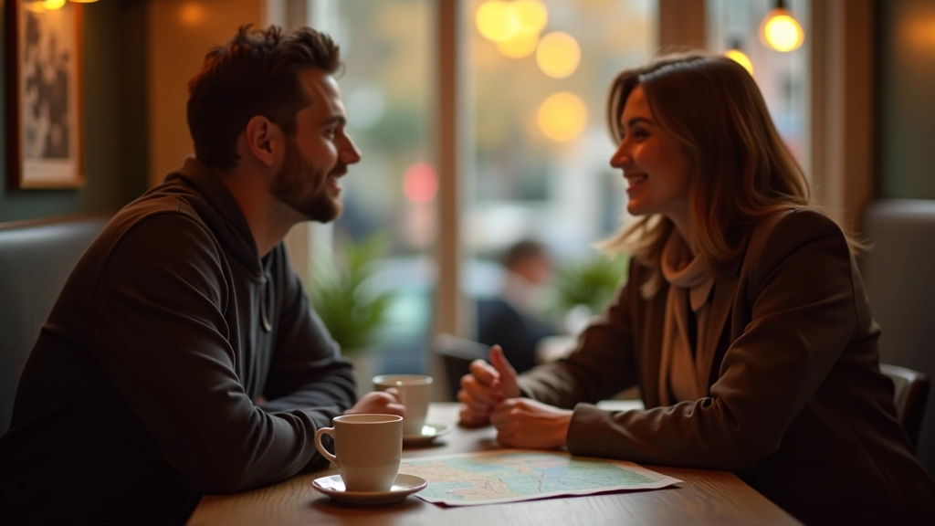 Dva lidé si povídají u kávy v kavárně, jeden ukazuje na mapu