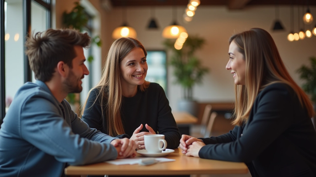 Dva studenti si povídají s lektorem v kavárně, praktická německá konverzace