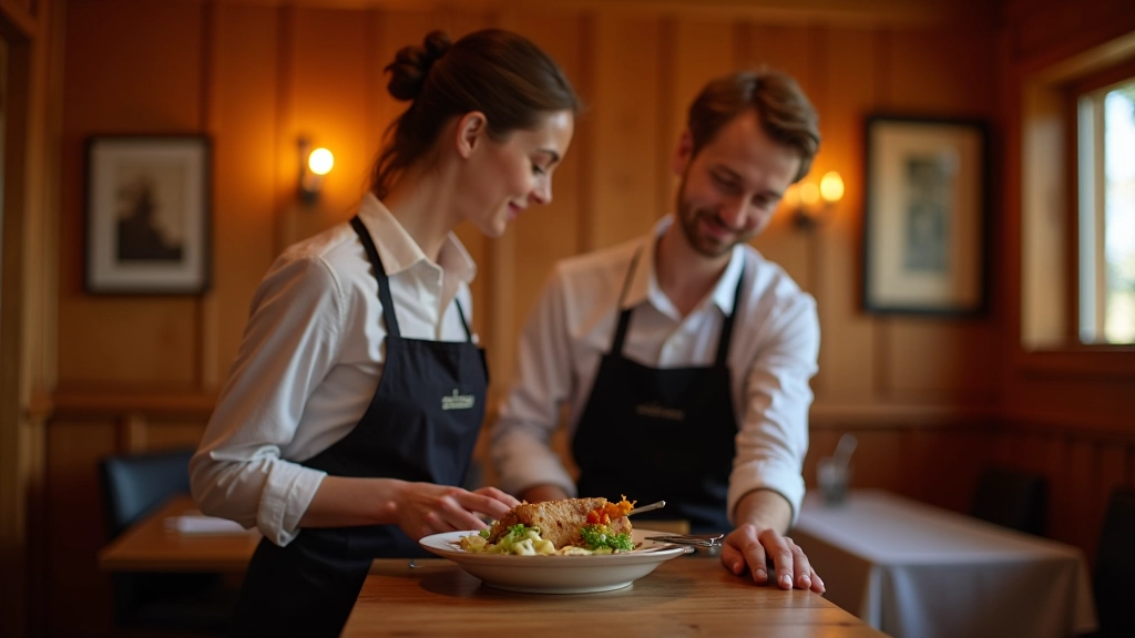 Obsluhovatel servíruje jídlo v tradiční německé restauraci s dřevěným interiérem