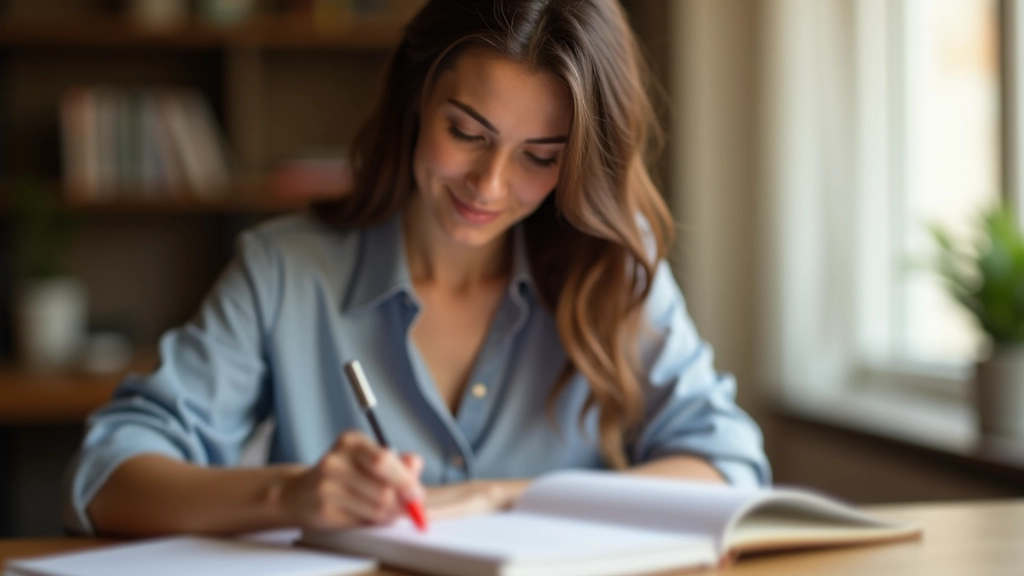 Žena píše věty do sešitu s německými slovy a výrazy, má soustředěný výraz