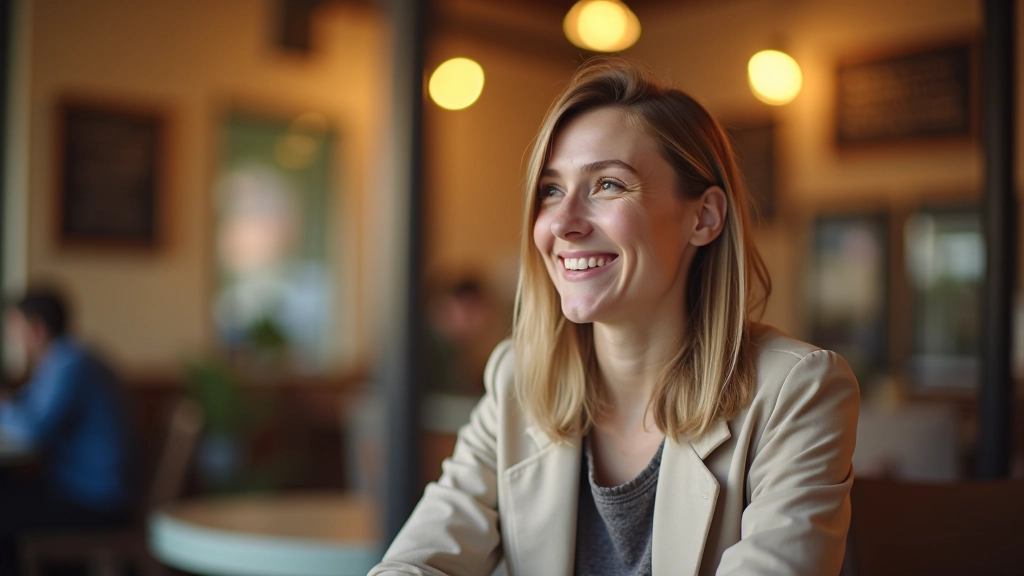 Žena sedí v kavárně a mluví s kamarádem, ukazuje gest na sebe