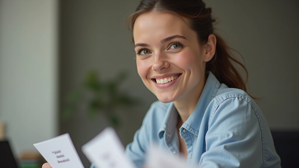Rozesmátá žena ukazuje na tiskované karty se německými slovy a články na stůl