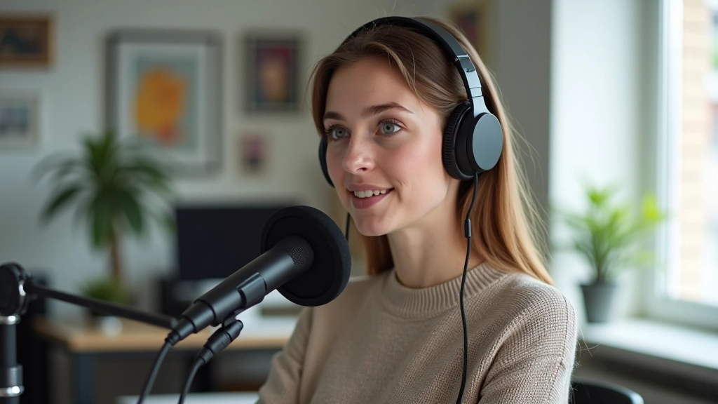 Dívka s sluchátky mluvící do mikrofonu během online lekcí němčiny